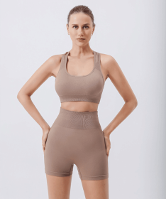 Workout Sets for Women 2 Piece Seamless Ribbed Crop Tank High Waist Shorts Yoga Outfits (Color: Khaki, size: L)