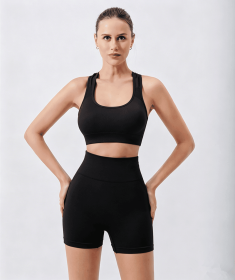 Workout Sets for Women 2 Piece Seamless Ribbed Crop Tank High Waist Shorts Yoga Outfits (Color: BLACK, size: XL)